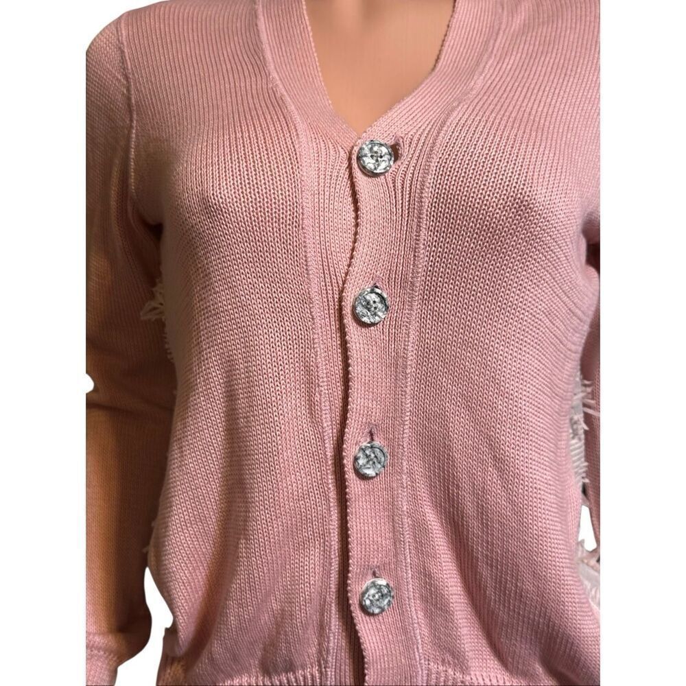 Julien David button-up long sleeve knit pink back fringe sweater S